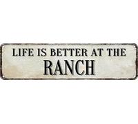 VIVACEUTICAL Plaque en métal vintage « Life is Better at The Ranch » - Décoration murale rétro pour maison, bar, pub, restaurant, magasin, extérieur, 10,2 x 40,6 cm, beige