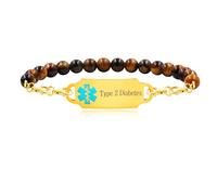 Vivaday Bracelet d'alerte médicale d'urgence en pierre œil de tigre de 6 mm pour personnes âgées anti-perte | Bracelets de perles personnalisables | Acier inoxydable plaqué or avec double fermoir