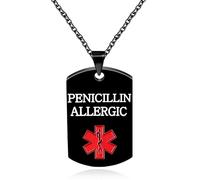 Vivaday Collier Alerte Médicale Allergie à la Pénicilline | Bijoux ID Médicale d'Urgence Plaqué Noir | Pendentif Symbole Médical Rouge pour Allergies | Bijoux Personnalisés en Acier Inoxydable
