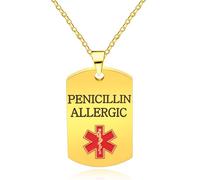 Vivaday Collier d'Alerte Médicale Allergie à la Pénicilline | Bijoux ID d'Urgence Plaqué Or | Étiquette Symbole Médical Rouge pour Allergies | Bijoux de Santé Personnalisés en Acier Inoxydable