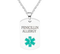 Vivaday Collier d'identification médicale contre les allergies à la pénicilline | Étiquette turquoise avec gravure personnalisée | Colliers d'urgence unisexes pour les allergies YA5972