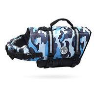 VIVAGLORY Gilet de Sauvetage en Ripstop pour Chiens de Taille Petite, Moyenne et Grande, Gilet de Natation pour Chiens avec Flottabilité Améliorée et Visibilité, Camouflage Bleu