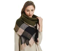 VIVIAN & VINCENT Femme Automne Hiver Écharpe Classique Gland Plaid Tartan Écharpe Chaude Doux Grosse Couverture Envelopper Châle Foulards, Army Green Black Olive C7, Taille unique