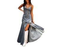 VIVICOLOR Robe Longue en Jean à Bretelles Spaghetti pour Femme - Maxi, Bleu, Taille S - Casual, Classique, Boutonnée sur le Devant, Sans Manche, Taille Normale, Fermé à l'Arrière, Spaghetti Strap