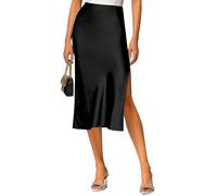 VividHarbor Jupe midi taille haute en satin, taille élastique, fente latérale, jupe de mariage décontractée pour femme, noir, Taille XL