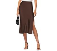 VividHarbor Jupe midi Taille Haute en Satin, Taille élastique, Fente latérale, Jupe de Mariage décontractée pour Femme, Chocolat, Taille S
