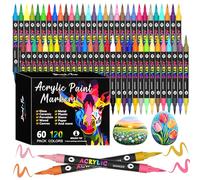 VividHues 120 Couleurs 60 Feutres Acrylique - Dual Tips Marqueur Acrylique à Pointe Pinceau, Acrylic Paint Marker Feutres Acryliques pour Peinture sur Bois, Toile, Verre, Céramique, DIY