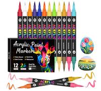 VividHues 24 Couleurs 12 Feutres Acrylique - Dual Tips Marqueur Acrylique à Pointe Pinceau, Acrylic Paint Marker Feutres Acryliques pour Peinture sur Bois, Toile, Verre, Céramique, DIY