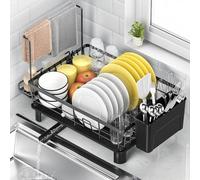 ViviDreamore Égouttoir à Vaisselle, Egoutoire Vaisselle Cuisine, Organisateur de Cuisine, Support pour Assiettes Bols Couverts et Torchons, Matériau Antirouille, Drainage 360° Porte-ustensiles Noir