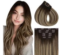 Vivien Balayage Extension a Clip Cheveux Naturel Brun 45 cm Extension Cheveux Humain Clip Brun Ombre Blond Caramel Invisible Droit 120g 7PCS #4/27/4