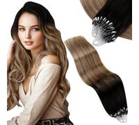 Vivien Balayage Extension Cheveux Naturel a Froid Noir à Brun et Blond Cendré Invisible Cheveux Humain Microring Extension Brun Ombre Droit 40cm 50g 50s #1B/4/18