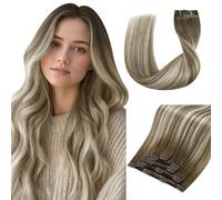 Vivien Balayage Extensions à Clip Cheveux Naturel Brun Invisible Clip Extension Cheveux Humain Ombre Brun à Blond Platine Clip Extension #8/60/8 55cm 5PCS 80g