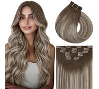 Vivien Brun Extension Cheveux Naturel Clip 50 cm Balayage Humain Cheveux Extension a Clip Brun Clair Ombre Blond Droit 120g 7PCS #8/60/8