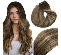 Vivien Brun Extension Tissage Cheveux Humain 50 cm Ombre pour Femme Cheveux Naturel Weft Extension Brun Balayage Blond Caramel Doux 100g #4/27/4