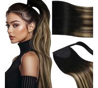 Vivien Brun Queue de Cheval Extension Naturel 40 cm Balayage Ponytail Extension Cheveux Humain Noir à Brun Ombre Blond Caramel Invisible 80g #1B/4/27