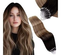 Vivien Cheveux Humain Extension Micro Loop Marron Ombre Extension Cheveux Natural Micro Ring Invisible Balayage Noir à Marron et Blond Cendré Femme 45cm 50g 50s #1B/4/18