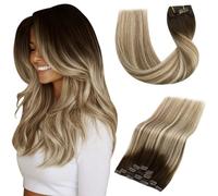Vivien Clip Extension Cheveux Naturel Brun Ombre Cheveux Humain a Clip Extension Balayage Brun à Blond Moyen Femme Droit 55 cm 80g 5PCS #3/8/24