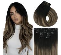 Vivien Clip Extension Cheveux Naturel Ombre Brun Extension de Cheveux Humain a Clip Noir Balayage Brun et Blond Cendré Droit 45cm 120g 7PCS #1B/4/18