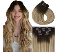 Vivien Extension a Clip Cheveux Naturel Balayage Blond Extension Cheveux Humain Clip Invisible Brun Ombre Blond Doré et Platine Raide 35cm 120g 7PCS #4/14/60