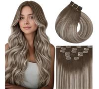 Vivien Extension a Clip Cheveux Naturel Balayage Brun Remy Clip in Extension Cheveux Humain Brun Clair Ombre Blond Platine Invisible 55cm 120g 7PCS #8/60/8