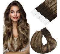 Vivien Extension Adhesive Cheveux Naturel Balayage Brun Extension Cheveux Humains de Adhesif Brun à Blond Caramel Ombre Invisible 30cm 20Pcs 30g #4/27/4