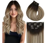 Vivien Extension Cheveux Humain Clip Marron Ombre Extension de Cheveux Naturel a Clip Marron à Blond Moyen Balayage Double Trame 55cm 120g 7PCS #3/8/24