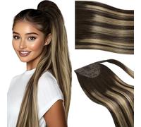 Vivien Extension Cheveux Humain Queue Brun Ombre Ponytail Cheveux Naturel Extension Brun Foncé à Blond Caramel Balayage Vrais Cheveux Extension 45cm 80g #4/27/4