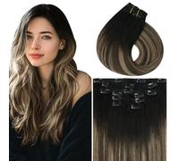 Vivien Extension Clip Cheveux Humain Balayage Brun Clip Extension Cheveux Vrais Noir Ombre Brun et Blond Cendré Doux 35cm 7PCS 120g #1B/4/18
