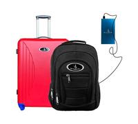 Vivien Kondor Valise à roulettes rigide en ABS avec serrure TSA, Batterie externe bleue, Red Cabin Suitcase, Sac à dos noir