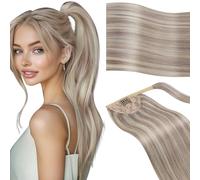 Vivien Ponytail Cheveux Naturel Extension Blond Cendré à Décoloré Extension de Cheveux Vrais Queue de Cheval Blond Lisse 35cm 70g #18/613