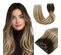 Vivien Remy Clip Extension Cheveux Balayage Brun Cheveux Humain a Clip Extension Brun à Blond Moyen Ombre Femme Droit 55cm 80g 5PCS #3/8/24