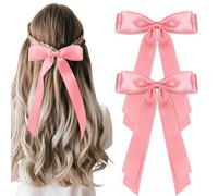 vivinin Lot de 4 nœuds à cheveux solides en satin soyeux pour femmes, pinces à cheveux avec longue queue, ruban pour cheveux au quotidien, pinces à cheveux roses pour femmes, filles, cadeaux