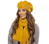 VIVISENCE Béret Et Écharpe Femme pour L'automne Et l'hiver Chauds en Laine Mélangée Accessoires pour Hommes Tricot Souple Ajustement Parfait Divers Styles Et Couleurs Disponibles, Miel,Taille Unique