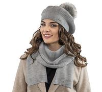 VIVISENCE Béret Et Écharpe pour Femme L'automne Et l'hiver Ensemble Élégant Fabriqué en Laine Chaude avec Pompon De Fausse Fourrure Style Classique Idéal pour Les Froids, Gris Clair,Taille Unique