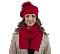 VIVISENCE Béret Et Écharpe pour Femme L'automne Et l'hiver Ensemble Élégant Fabriqué en Laine Chaude avec Pompon De Fausse Fourrure Style Classique Idéal pour Les Froids Jours, Rouge,Taille Unique