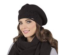 VIVISENCE Béret Féminin Automne Hiver Élégant en Laine Mélangée De Style Classique avec Ornements Floraux Chaud Et Confortable Taille Unique Idéal 7007, Noir,Taille Unique