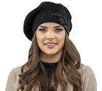 VIVISENCE Béret Femme Automne Hiver Élégant en Laine avec Zircons Style Classique Ajustement Parfait Fabriqué en Union Européenne Idéal pour Les Froids Jours 7051, Noir,Taille Unique