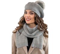 Vivisence béret femme avec pompon élégant bonnet d'hiver et écharpe couvre tête et cou pour l'hiver et l'automne chaud épais, ensemble d'hiver pour femmes, fabriqué en eu, gris clair, e
