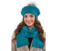 Vivisence béret femme avec pompon élégant bonnet d'hiver et écharpe couvre tête et cou pour l'hiver et l'automne chaud épais, ensemble d'hiver pour femmes, fabriqué en eu, turquoise, un