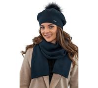 Vivisence béret femme avec pompon élégant ensemble bonnet et écharpe pour l'hiver et l'automne chaud épais, ensemble d'hiver pour femme, fabriqué en eu, bleu foncé,