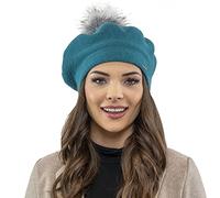 VIVISENCE Béret Femme pour L'automne Et l'hiver avec Pompon en Fausse Fourrure Tricoté en Laine Acrylique Doux Chaud Et Confortable Idéal Classique Et Élégant 7035, Turquoise,Taille Unique