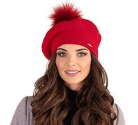 VIVISENCE Béret Femme pour L'automne Et l'hiver avec Pompon en Fausse Fourrure Tricoté en Laine Acrylique Doux Chaud Et Confortable Idéal Classique Et Élégant 7035, Rouge,Taille Unique