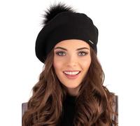 VIVISENCE Béret Femme pour L'automne Et l'hiver avec Pompon en Fausse Fourrure Tricoté en Laine Acrylique Doux Chaud Et Confortable Idéal Classique Et Élégant 7035, Noir,Taille Unique