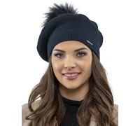 VIVISENCE Béret Femme pour L'automne Et l'hiver avec Pompon en Fausse Fourrure Tricoté en Laine Acrylique Doux Chaud Et Confortable Idéal Classique Et Élégant 7035, Bleu Foncé,Taille Unique