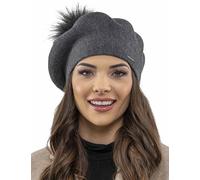 VIVISENCE Béret Femme pour L'automne Et l'hiver avec Pompon en Fausse Fourrure Tricoté en Laine Acrylique Doux Chaud Et Confortable Idéal Classique Et Élégant 7035, Gris Foncé,Taille Unique