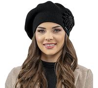 VIVISENCE Béret pour Femme Automne Et Hiver Classique Et Élégant Style Intemporel Ajustement Parfait en Fil Chaud avec Application Jolie Fabriqué en Europe Idéal pour Cadeau 7048, Noir,Taille Unique
