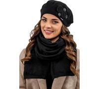 Vivisence béret pour femme, élégant ensemble bonnet et écharpe d'hiver, couvre-chef et vêtement de cou pour l'hiver et l'automne, chaud et épais, ensemble d'hiver pour femme, fabriqué en UE, noir, tai
