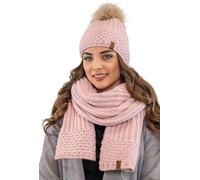 Vivisence bonnet à pompon et écharpe pour femme, couvre-chef chaud et cache-cou pour l'hiver et l'automne, bonnet d'hiver à pompon, ensemble d'hiver pour femme, fabriqué dans l'UE, rose poudré, taille