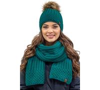 Vivisence bonnet à pompon et écharpe pour femme, couvre-chef chaud et cache-cou pour l'hiver et l'automne, bonnet d'hiver à pompon, ensemble d'hiver pour femme, fabriqué dans l'UE, turquoise foncé, ta