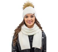 Vivisence bonnet à pompon et écharpe pour femme, couvre-chef et cache-cou chauds pour l'hiver et l'automne, bonnet d'hiver à pompon, ensemble d'hiver pour femme, fabriqué dans l'UE, écru, taille uniqu